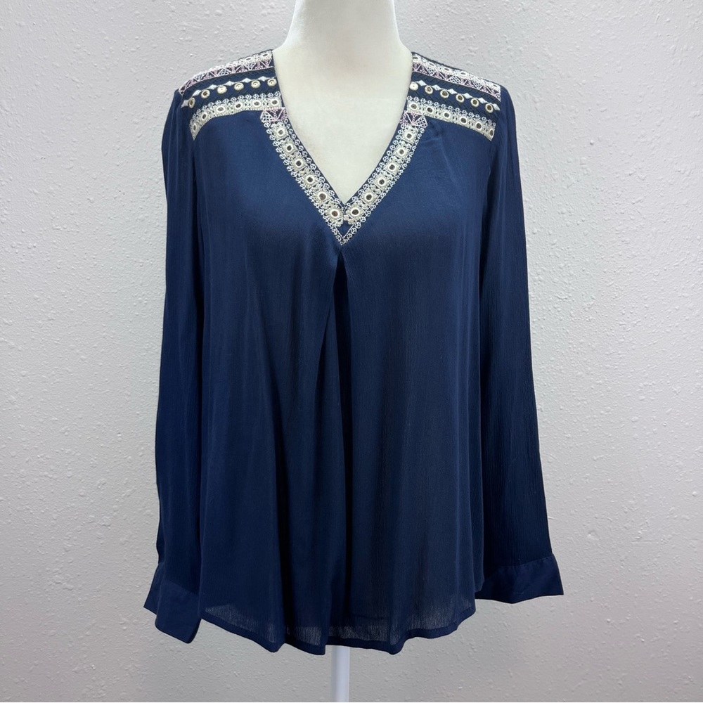 Market ands Spruce Shirt Womens Small Blouse Top Embroidered Bohemian Blue